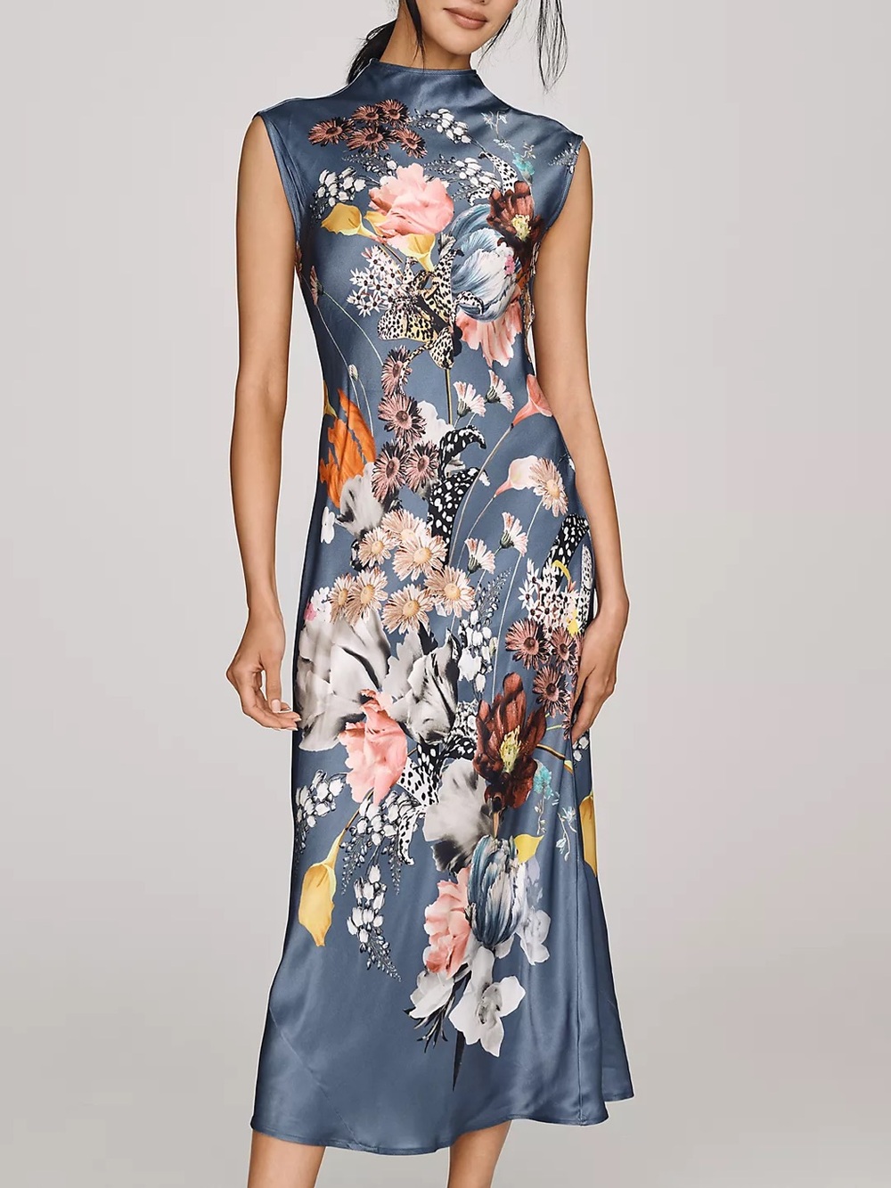 Anthropologie Maeve Charlette Mock-Neck Midi Slip Dress in Blue Floral NWT